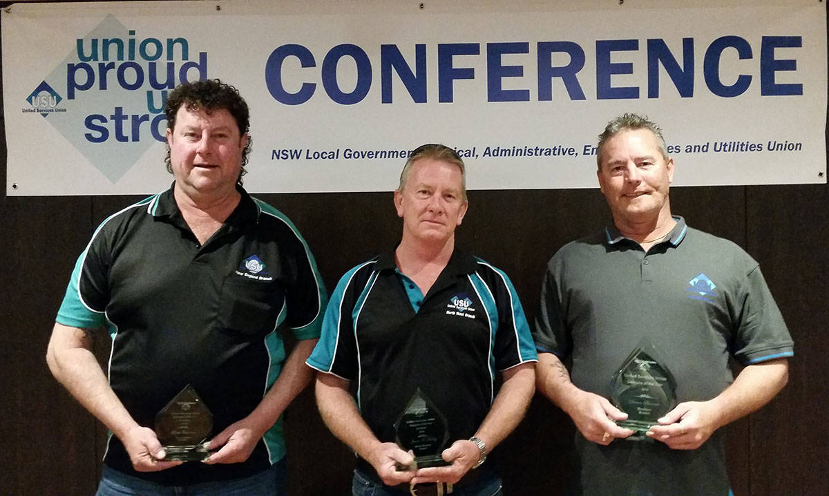 Two of the Delegate of the year nominees, Brett Cameron (left), James O’Malley (centre) with the Delegate of the Year winner, Darren Brennan (right). There were seven nominations in all.