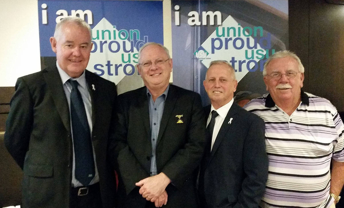 Former Canterbury Council GM Jim Montague with Graeme Kelly, Stephen Birney and Canterbury Council delegate Col Myers after Jim received his life membership of the union. Jim has been a member of the Union since 28 March 1966 and retired on 3 June 2016.