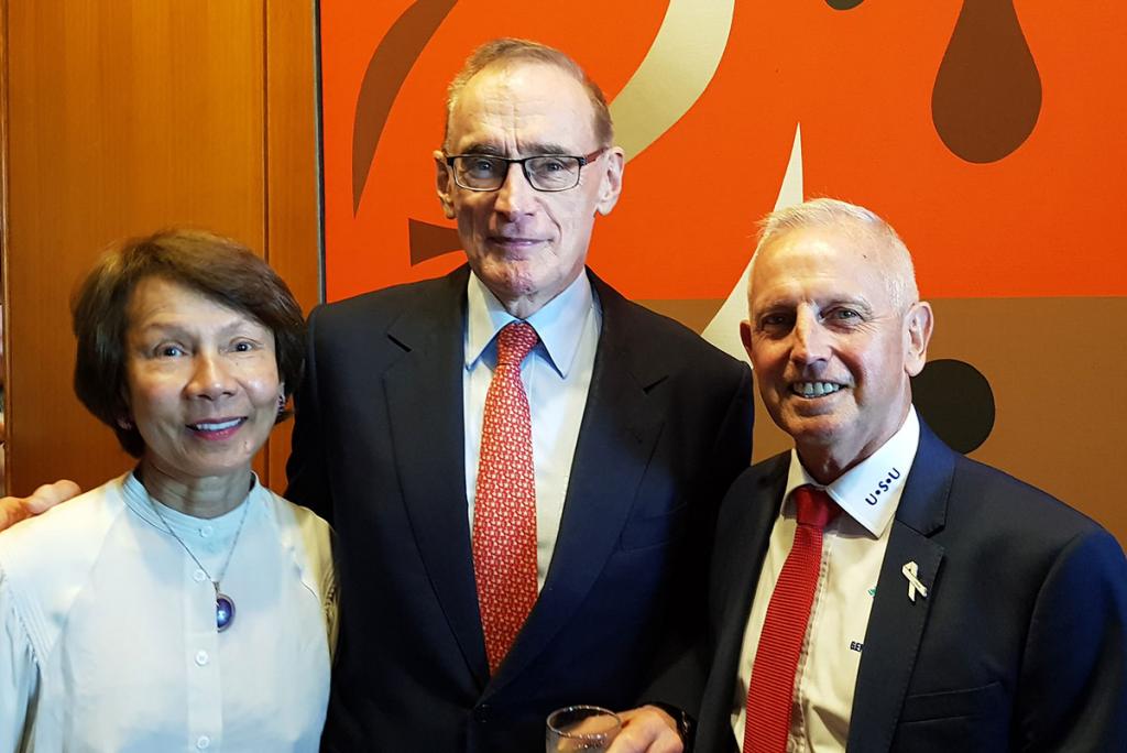 Former Premier Bob Carr and his wife Helena congratulate Graeme Kelly