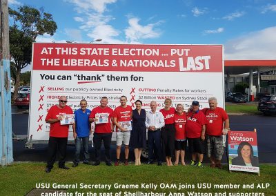 USU General Secretary Graeme Kelly OAM joins USU member and ALP candidate for the seat of Shellharbour Anna Watson and supporters