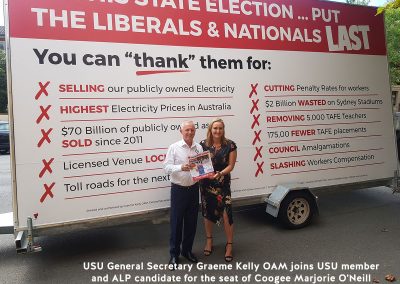 USU General Secretary Graeme Kelly OAM joins USU member and ALP candidate for the seat of Coogee Marjorie O'Neill