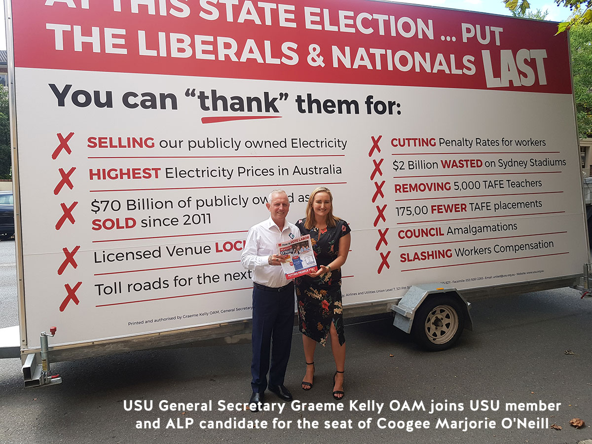 USU General Secretary Graeme Kelly OAM joins USU member and ALP candidate for the seat of Coogee Marjorie O'Neill