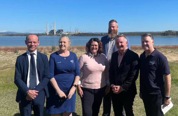 Jobs for the future: USU Organiser Troy Dunne, Energy and Utilities Manager Narelle Rich, Member for Paterson Meryl Swanson, Member for Hunter Dan Repacholi, and ASU National Secretary Robert Potter with Minister for Climate Change and Energy Chris Bowen following the policy announcement at at Liddell Power Station today.