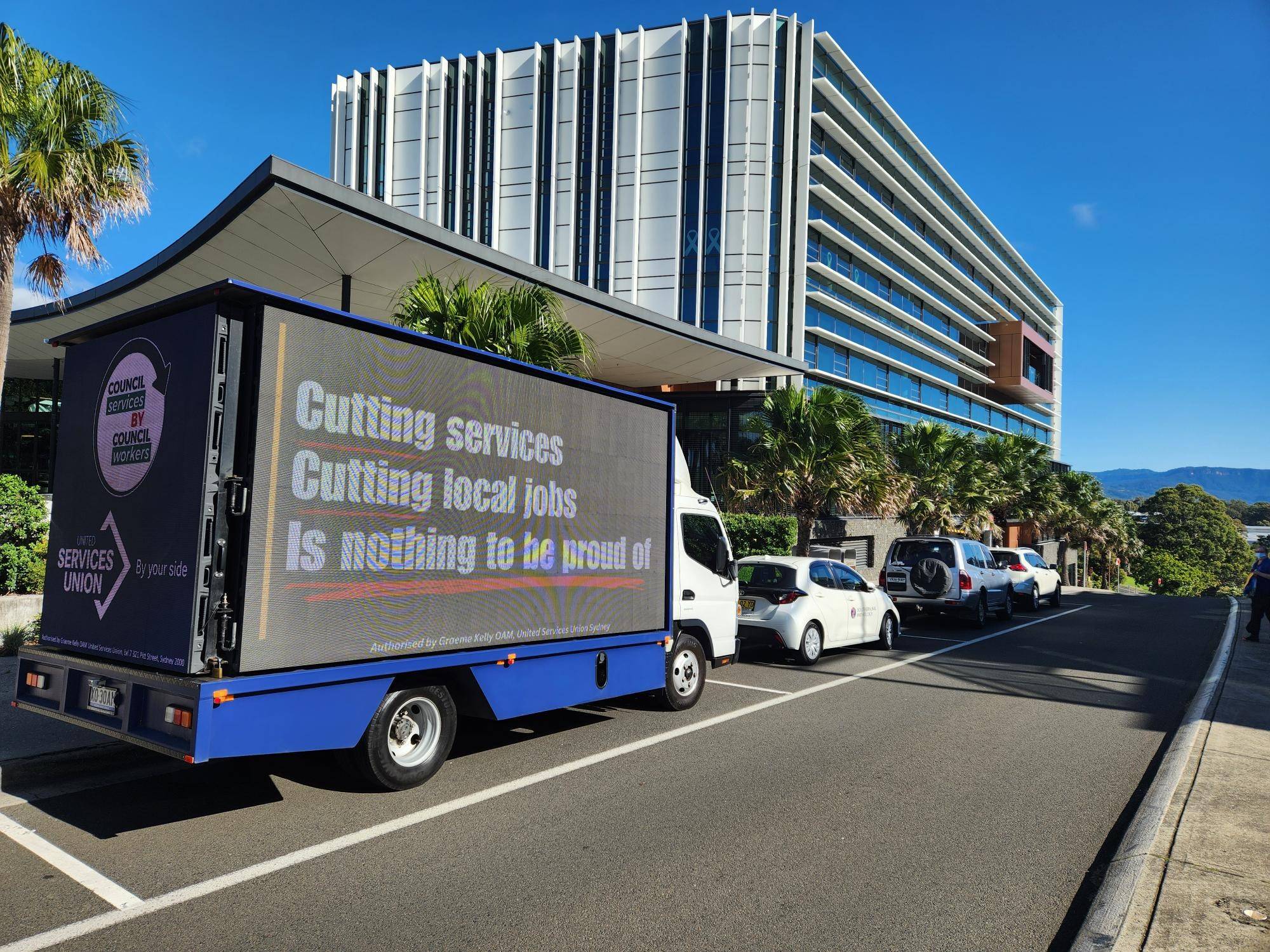 The USU truck parked out the front of council, calling out council’s actions.